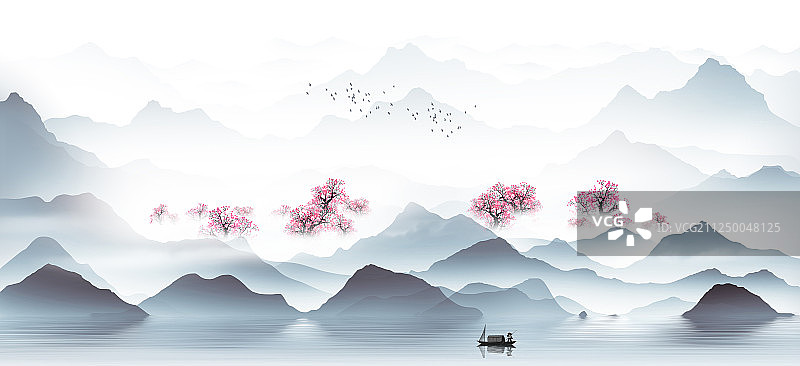手绘中国风简约意境水墨山水风景画新中式现在高雅山水画图片素材