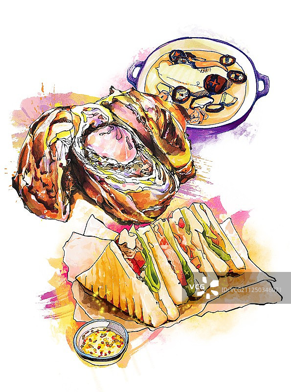 美食手绘插画 西多士 三明治 餐饮海报 背景图 无字图片素材