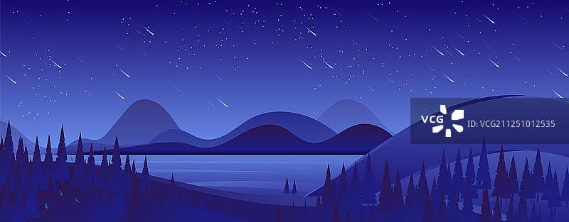 美丽夜晚星空下的原始森林格外宁静，几只小鸟飞过河面扁平插画图片素材