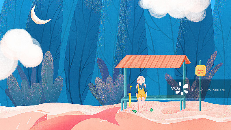 粉色海面上蓝色树林前坐在候车亭仰望天空的少女手绘插画图片素材