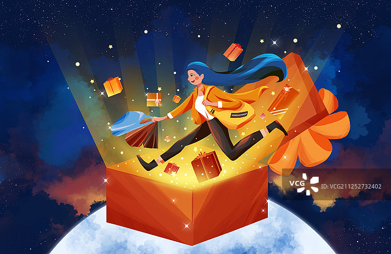星空背景下发光的礼盒飞出礼物 一个手提购物袋奔跑的人插画图片素材