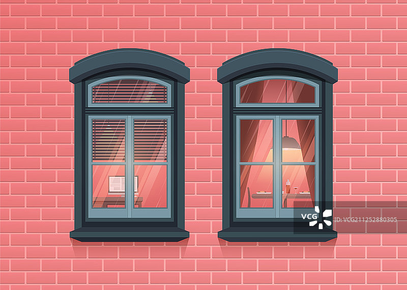 两扇窗户可以看到房子粉红色的砖墙图片素材