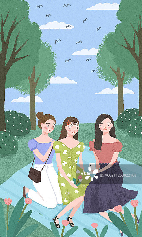 三个闺蜜女孩户外聚会坐在野餐布上拍照留念清新扁平插画图片素材