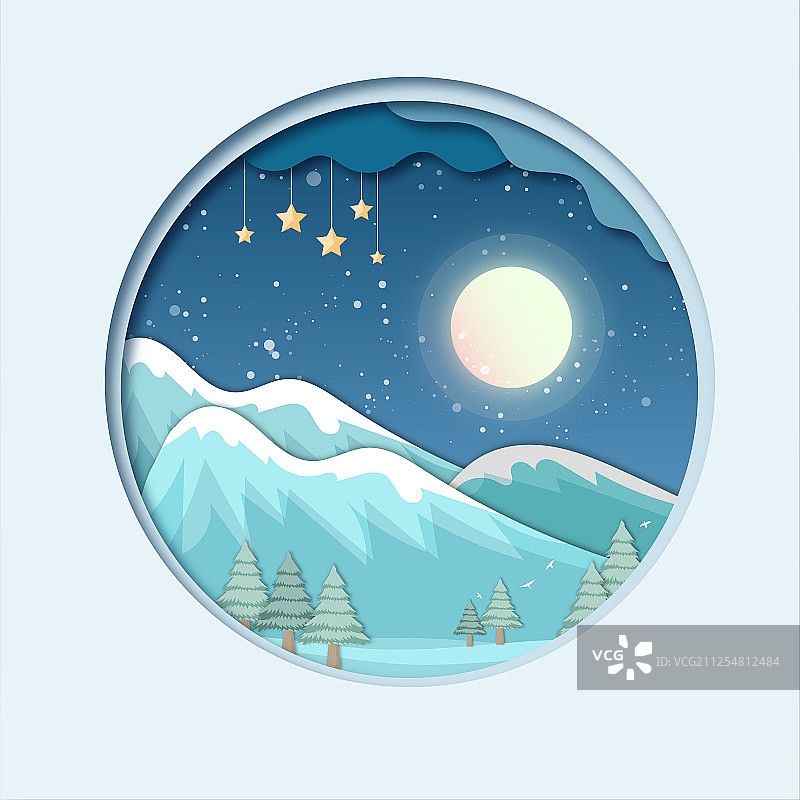 冬天夜晚星空下月亮照耀着雪山和森林的剪纸插画图片素材