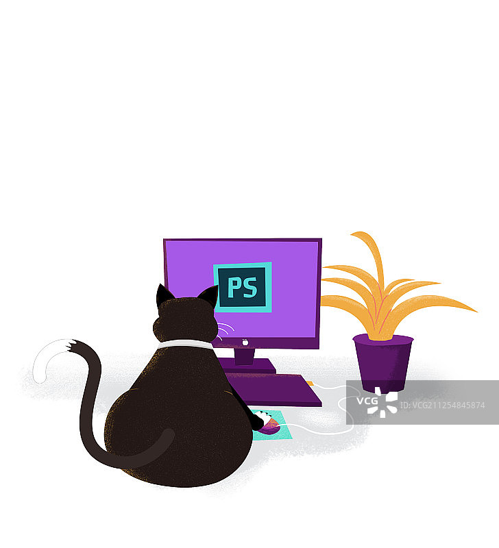 一只在玩电脑的黑猫插画图片素材