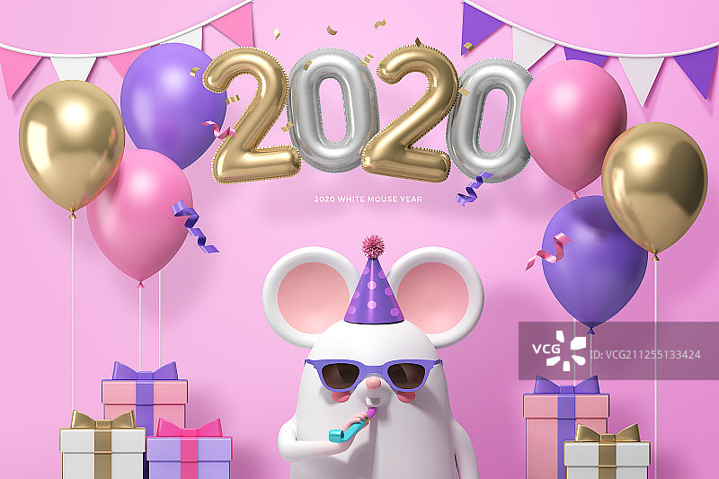 2020年新年快乐，3D逼真人物鼠010图片素材