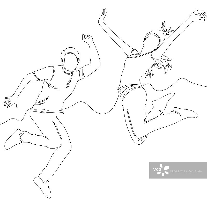 连续单线画跳跃夫妇的概念图片素材