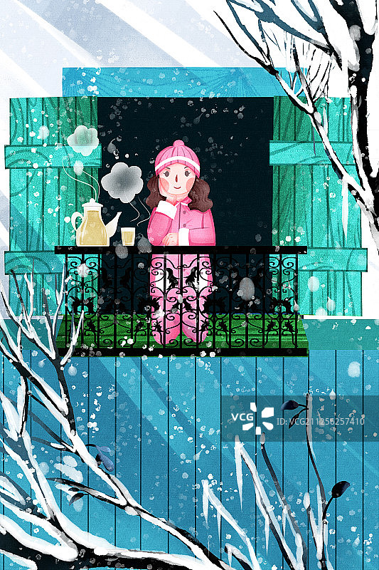 冬季女孩在家里窗台泡茶赏雪惬意休闲生活图片素材