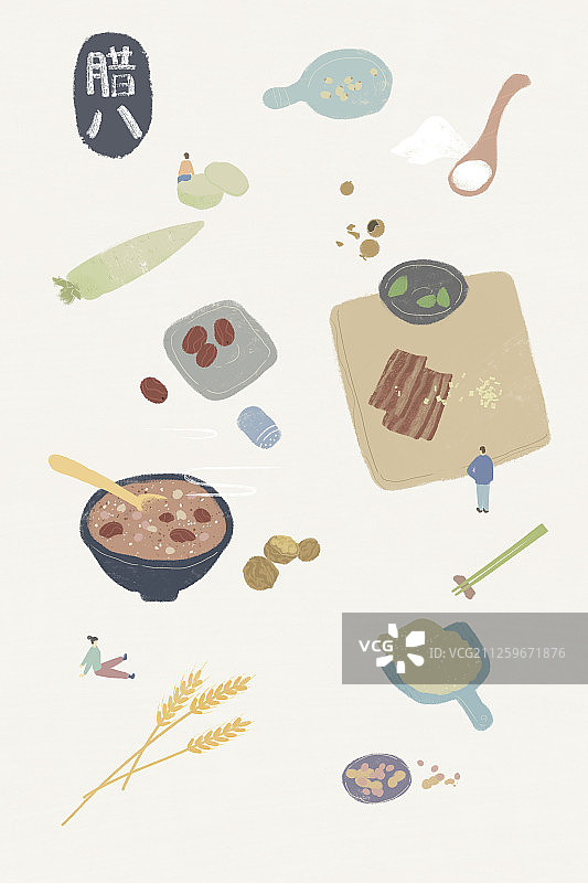 有各种谷物和餐具的腊八节日插画图片素材
