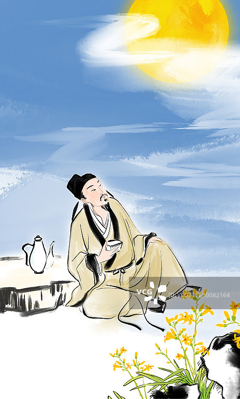 水墨中国画古典诗词人物插图李白醉酒望月图片素材