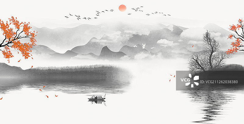 手绘中国风意境水墨山水画  大气新中式背景插画图片素材