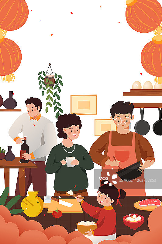 新年春节年夜饭团圆饭家庭聚餐活动扁平矢量插画图片素材