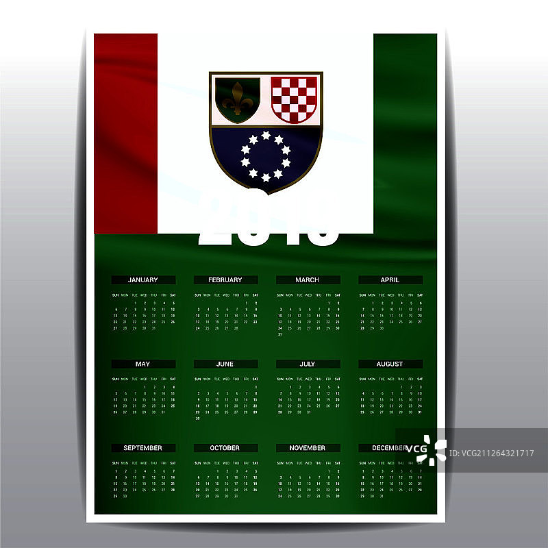 日历2019年波斯尼亚和黑塞哥维那国旗背景。英语语言图片素材