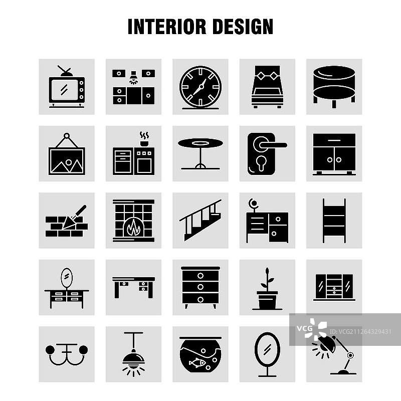 室内设计实体字形图标设置信息图，移动UX/UI工具包和打印设计。包括:卧室，橱柜，家具，房子，衣柜，电视，电视，房子，图标集-向量图片素材