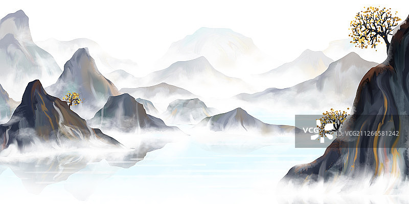 新中式风格山水插画图片素材