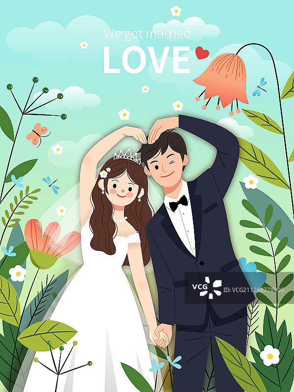 卡通男女在花丛中比心结婚照图片素材