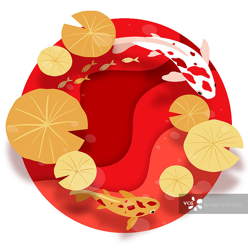 新年节日中国风莲叶锦鲤插画圆形版图片素材
