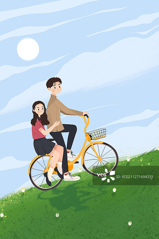 骑着自行车在山上看风景眺望远方的青年男女图片素材