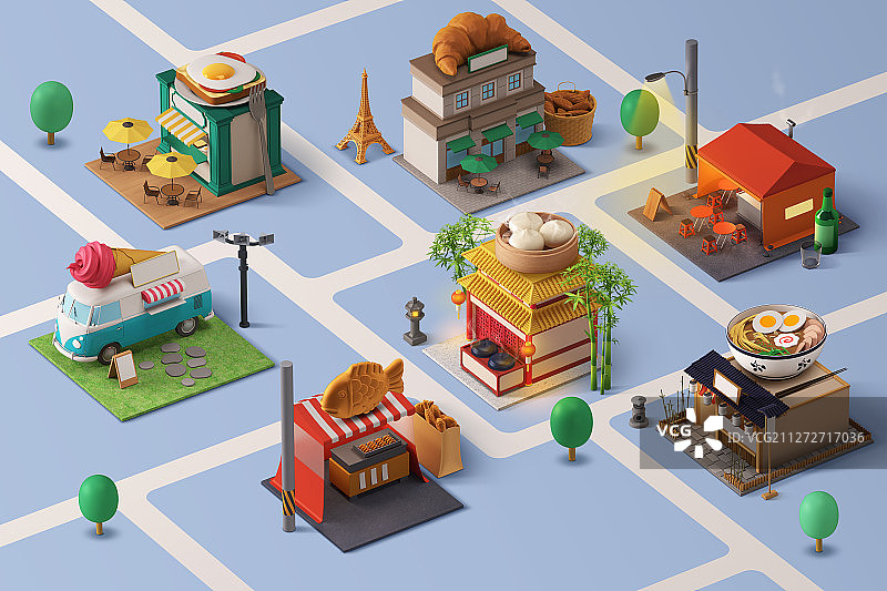 3D商店建筑与食物在顶部等距030图片素材