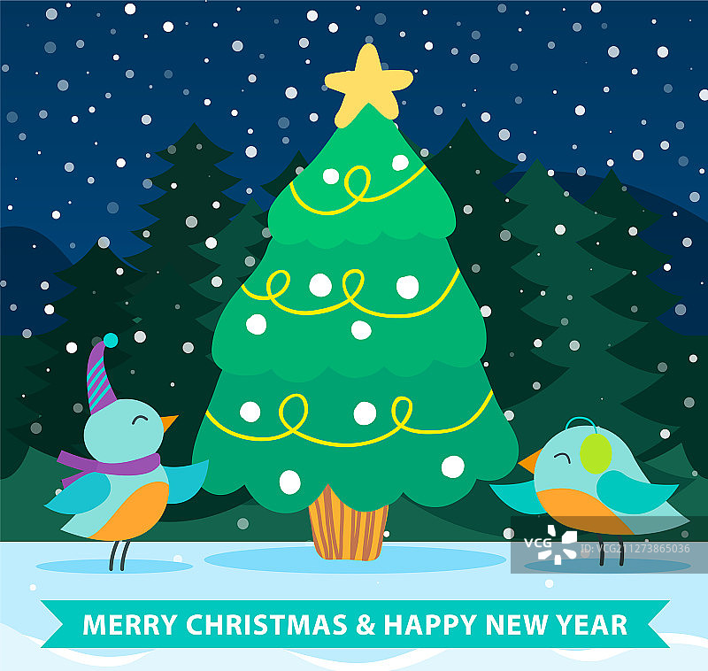 贺卡与枞树快乐的圣诞鸟图片素材