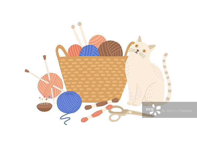 编织工具包和可爱的猫平图片素材