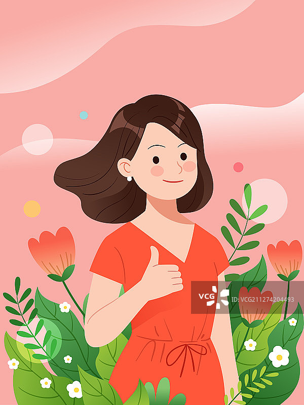 一名女性在花丛中竖起大拇指图片素材
