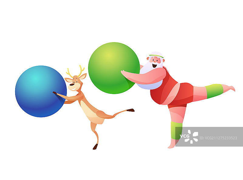 有趣的圣诞老人和驯鹿在做运动图片素材