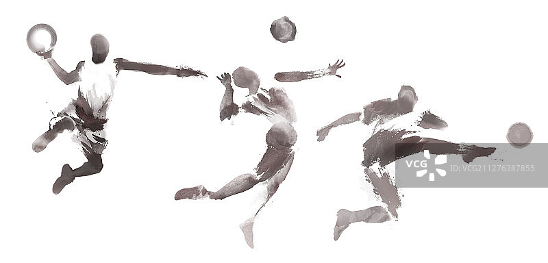 男子打篮球、踢足球、打排球水墨插画图片素材
