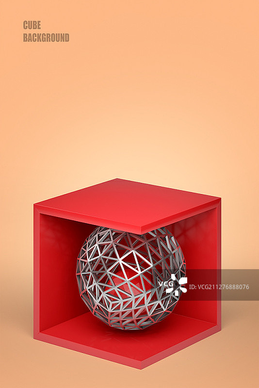 简单的三维建筑红色立方体与球形金属结构内部图片素材