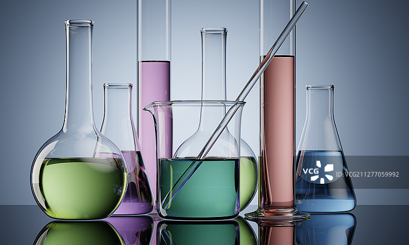 实验室中盛满化学液体的器皿图片素材