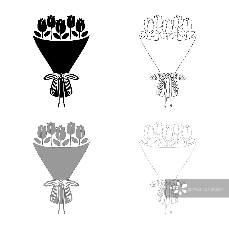 花束玫瑰花束现在的概念花束玫瑰花图标轮廓设置黑色灰色矢量插图平面风格简单的形象图片素材