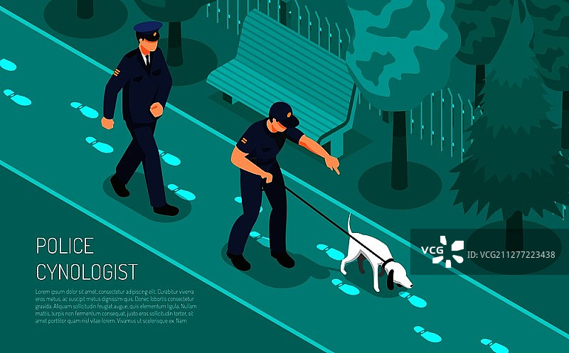 警察警犬专家专门训练跟踪犬，协助侦查督察在罪案调查中进行等角构图矢量插画。警察冷凌学家等长合成图片素材