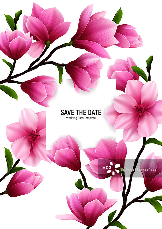 彩色逼真的木兰花框架与保存日期标题和精致的粉红色花矢量插图图片素材