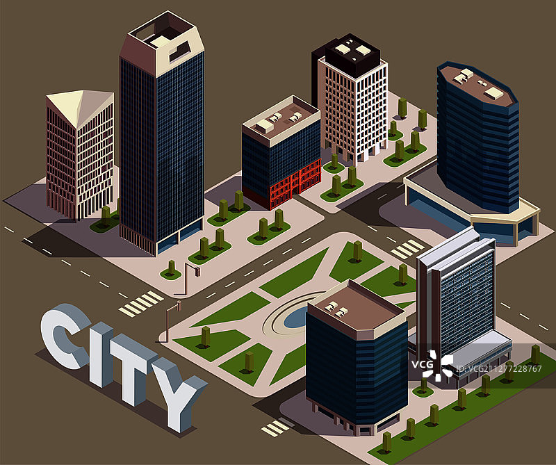 城市摩天大楼等距构图与城市街区与现代高楼街道和文本矢量插图图片素材