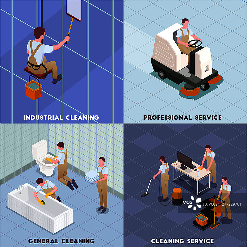 清洁等距图标设置与工业清洁专业服务一般清洁说明矢量插图图片素材