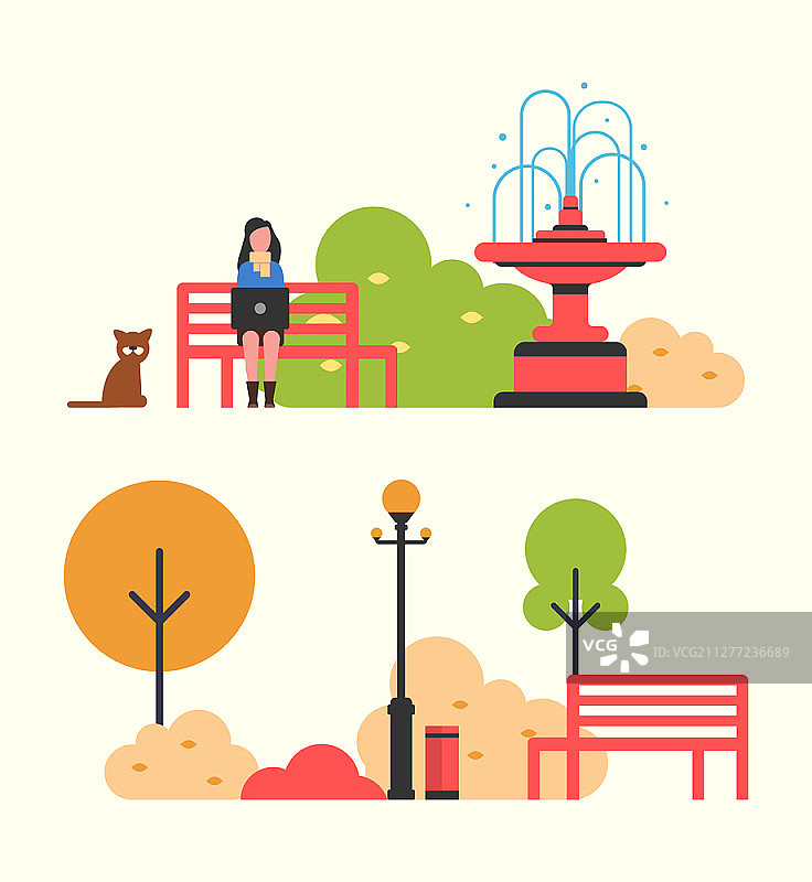女自由工人坐在木凳上的秋天公园向量。遛狗的动物经过女士，喷泉和灯笼。树木和灌木与树叶。坐在公园长椅上的自由职业妇女图片素材
