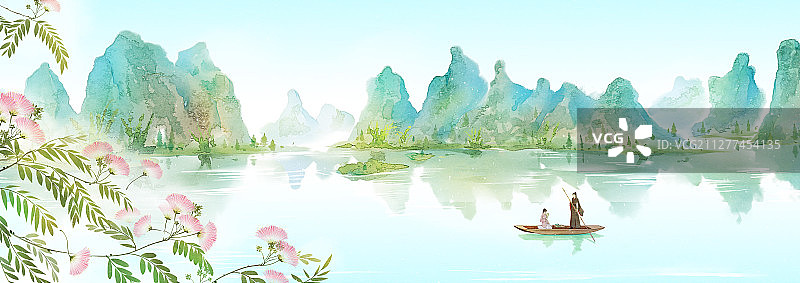 小清新水彩风格古风风景插画 桂林山水图片素材