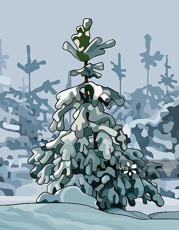 卡通小云杉上覆盖着一层雪图片素材