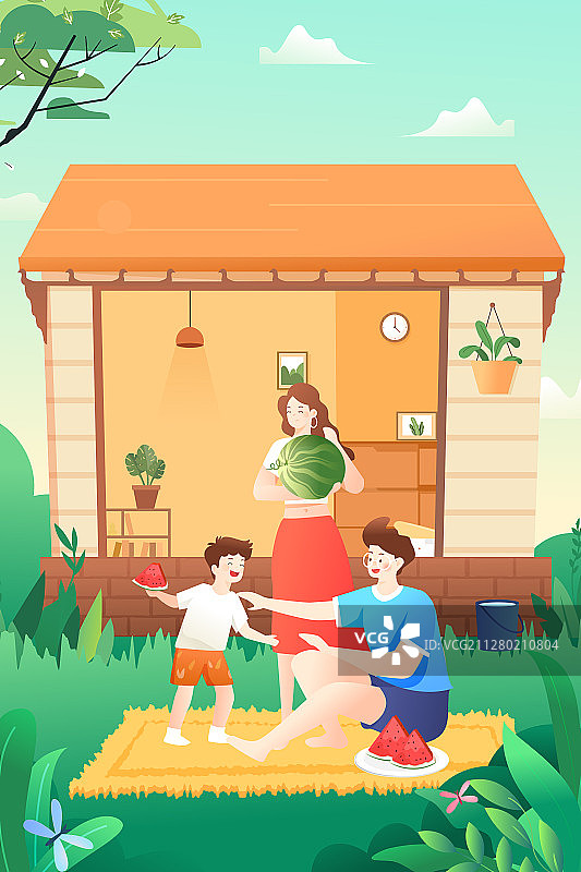 夏季家人亲子吃西瓜玩乐自然风景踏青矢量插画图片素材