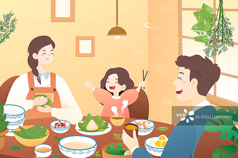 卡通端午节包粽子家人传统节日习俗中国风背景矢量插画图片素材