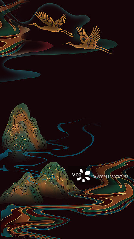 抽象山水仙鹤图案图片素材