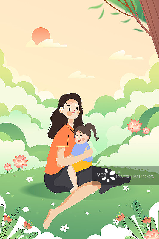 坐在草坪上抱着女儿的妈妈卡通插画图片素材