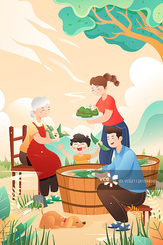 卡通端午节家人团圆包粽子中国风传统节日习俗背景矢量插画图片素材