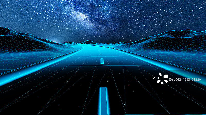 星空下的蓝色线条科技道路图片素材