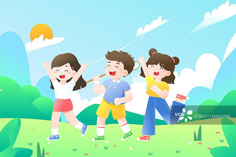 卡通六一儿童节夏令营出游旅行户外活动风景背景矢量插画图片素材
