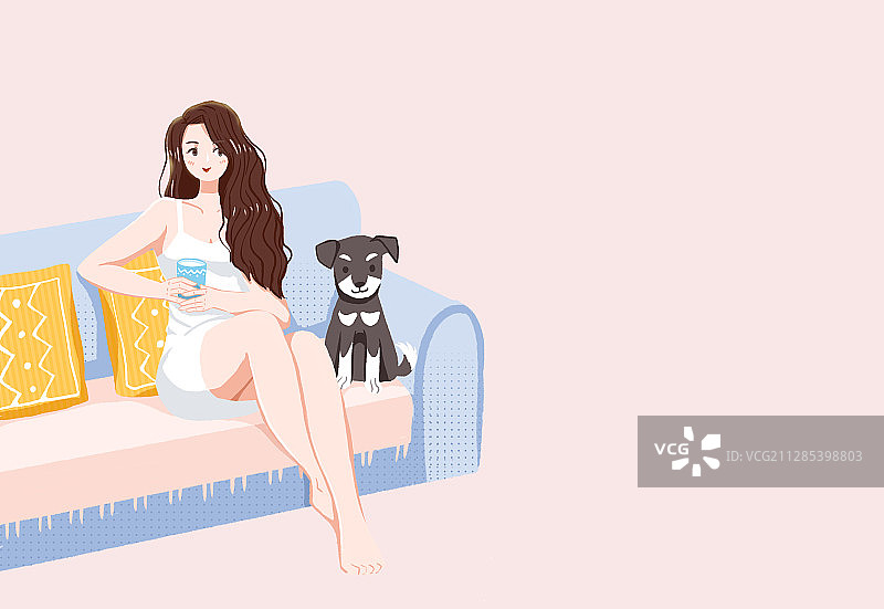 一个长发年轻女性和宠物狗坐在沙发上 手绘插画图片素材