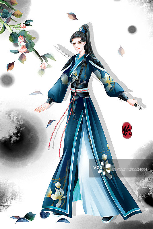 中国风水彩古风女性剑客插画图片素材