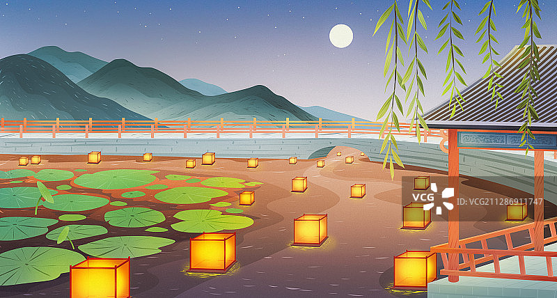 二十四节气处暑夜晚放河灯景色背景插画图片素材