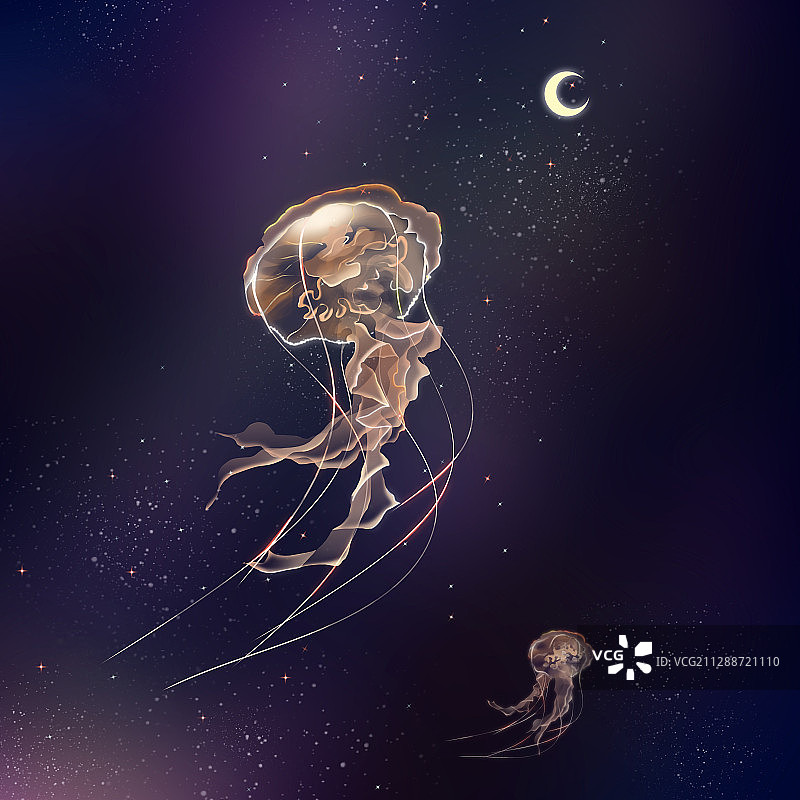 蓝紫色银河背景前的金色水母插画图片素材