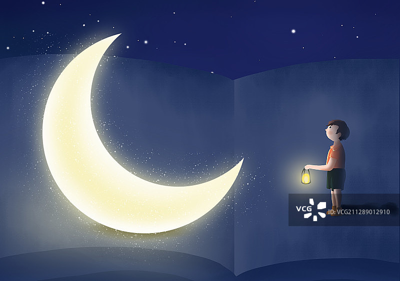 书本上的月亮与提油灯的男孩插画图片素材
